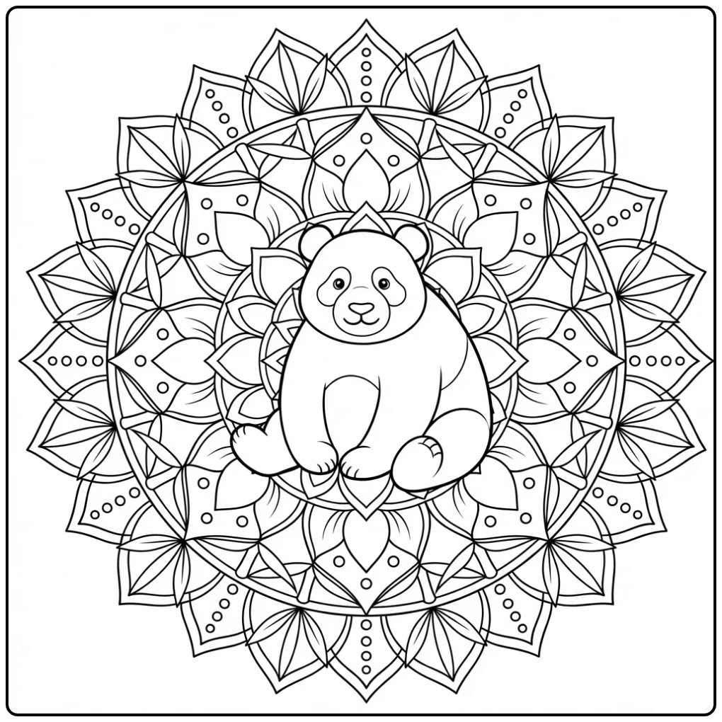Panda mandala coloring page with bamboo leaves