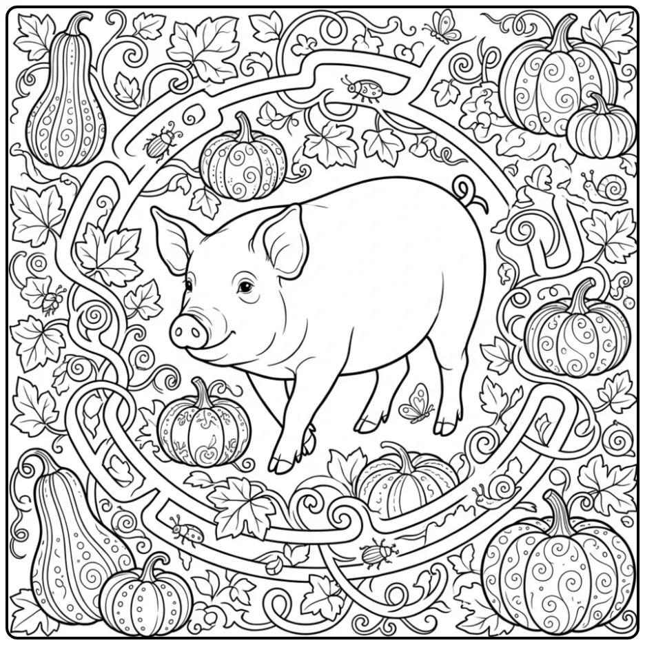 Adult pig coloring page with pumpkins and vines