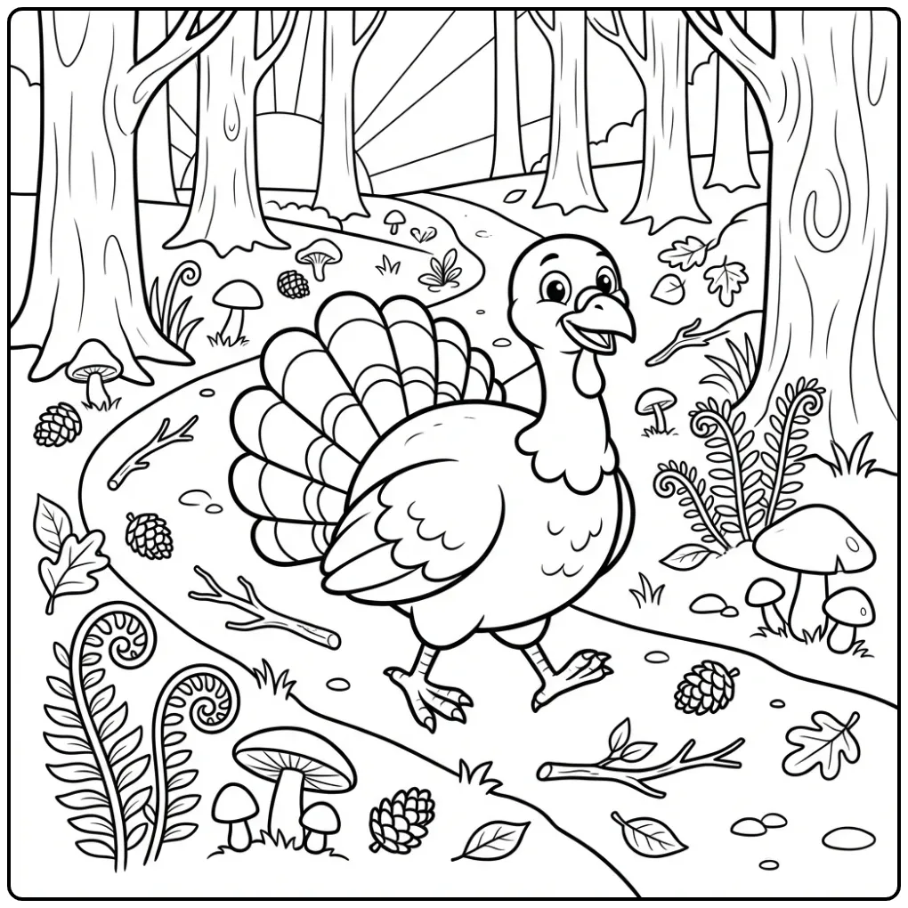 Detailed turkey coloring page walking through a forest
