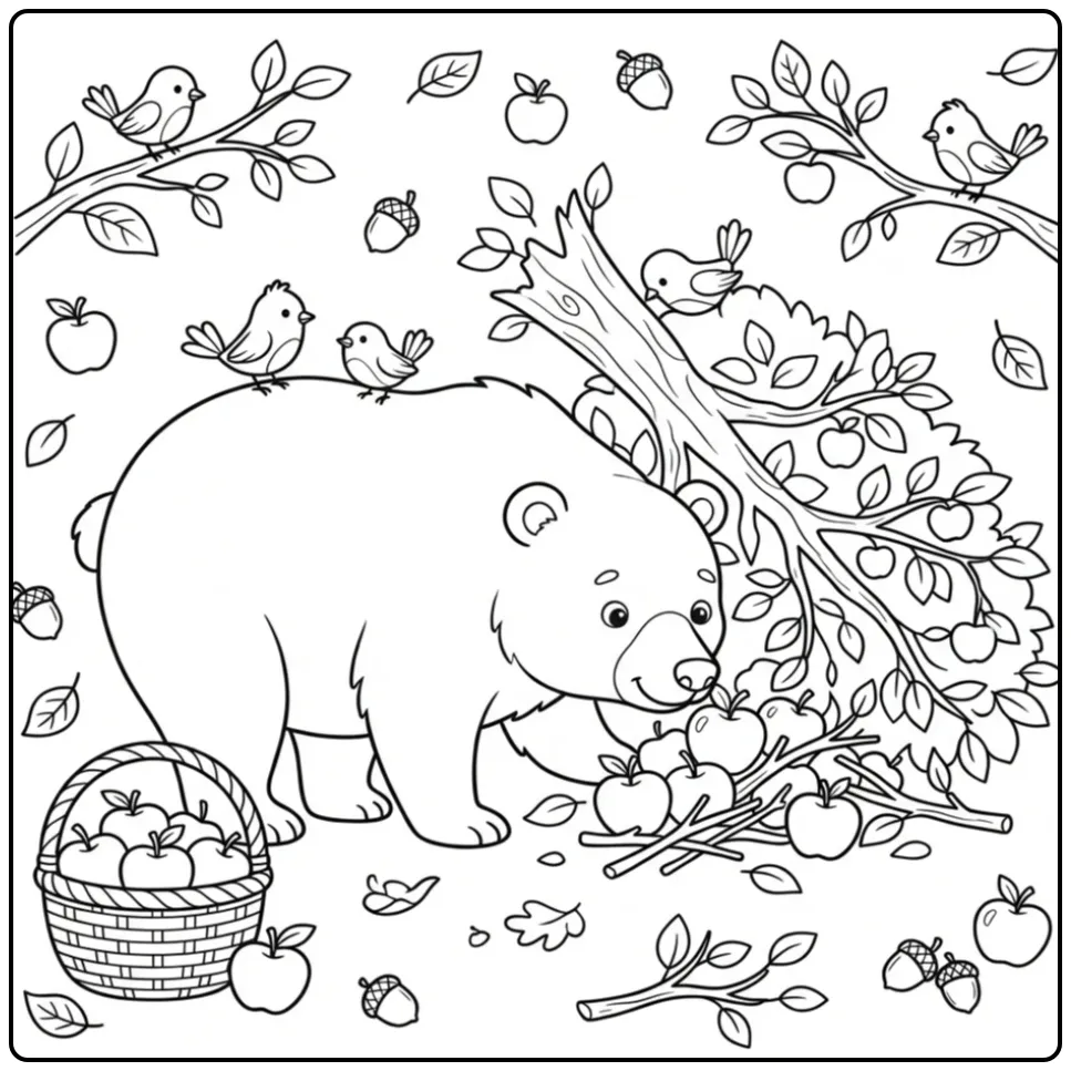 Detailed bear coloring page smelling apples