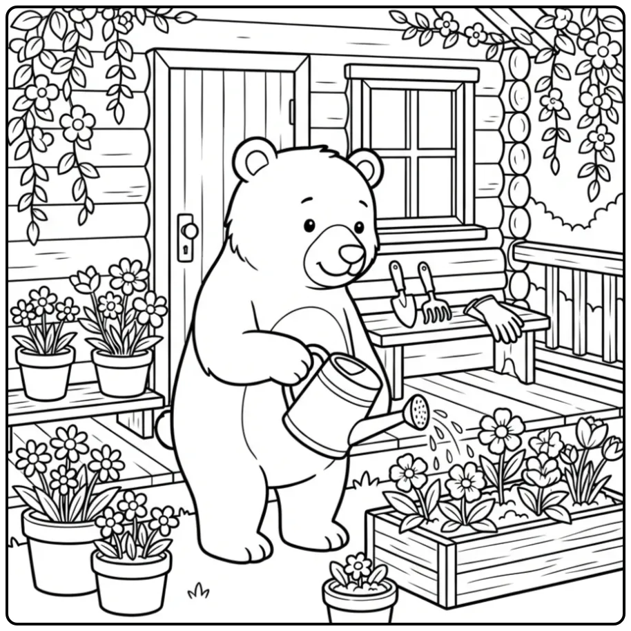 Bear coloring page with flowers and a watering can