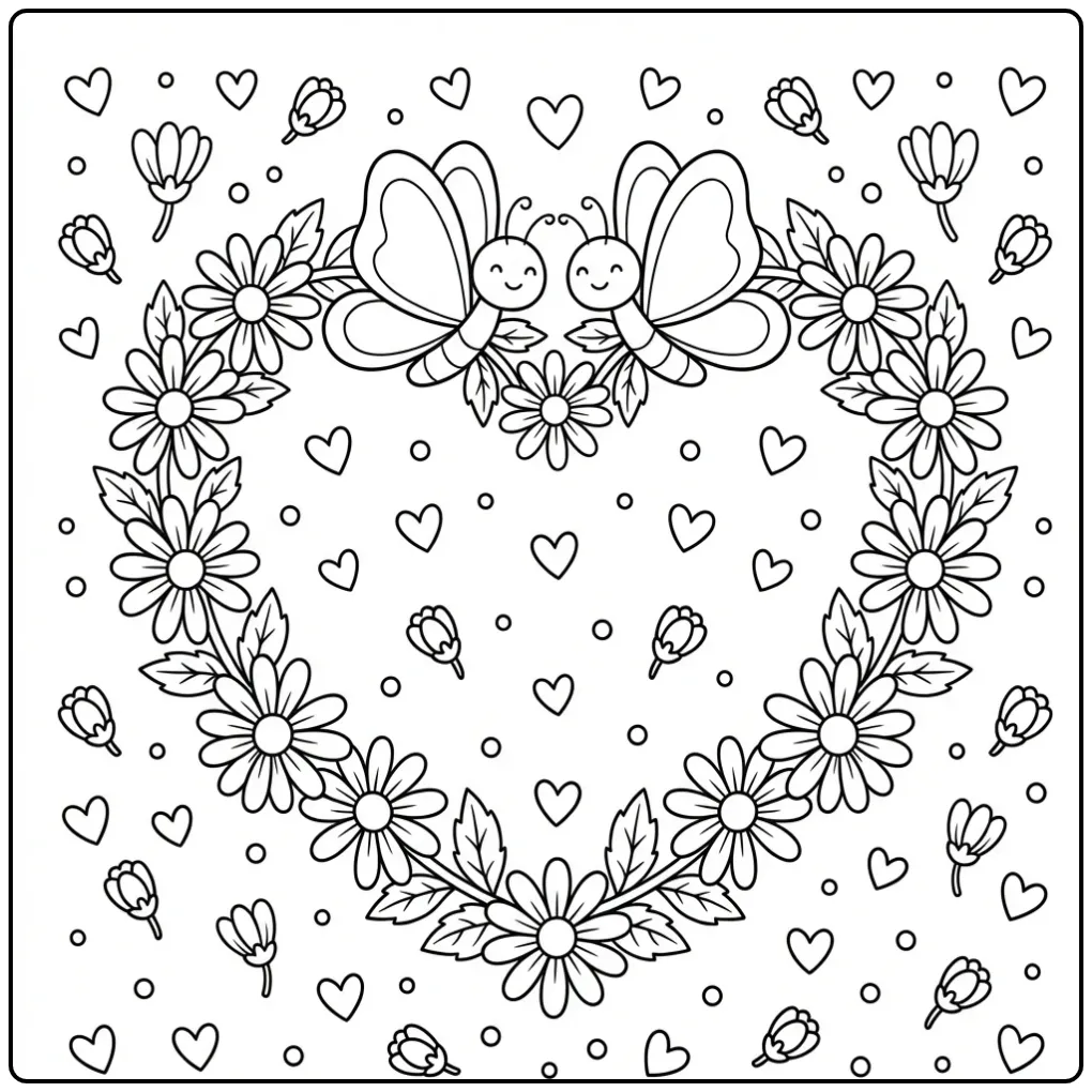Flowers, butterflies, and hearts coloring page with daisies