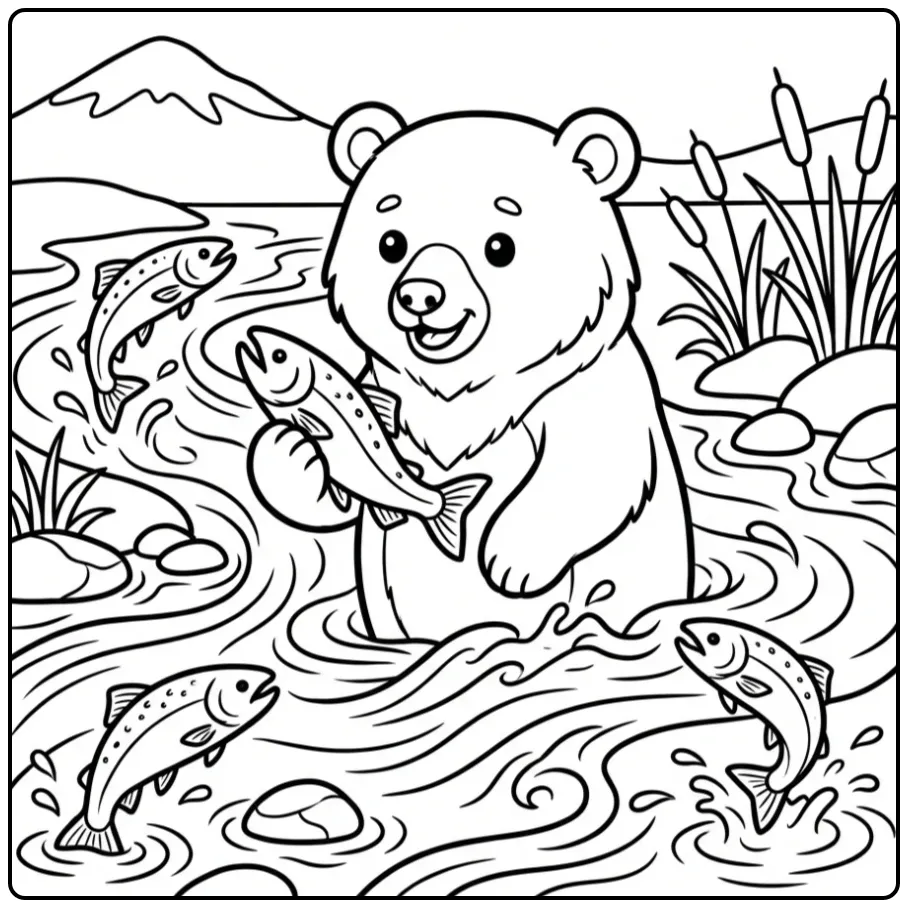 Brown bear coloring page fishing in a river