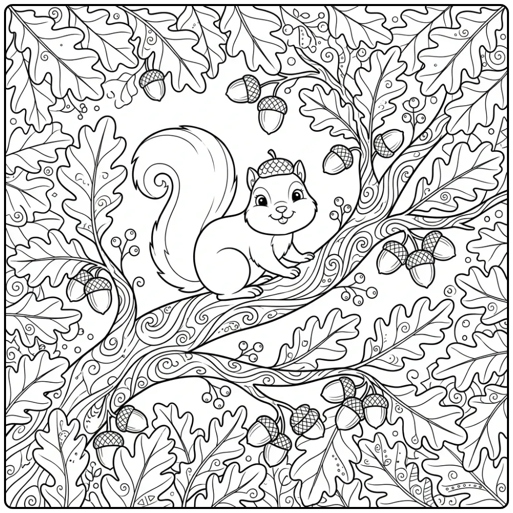 Detailed squirrel coloring page hidden among oak leaves