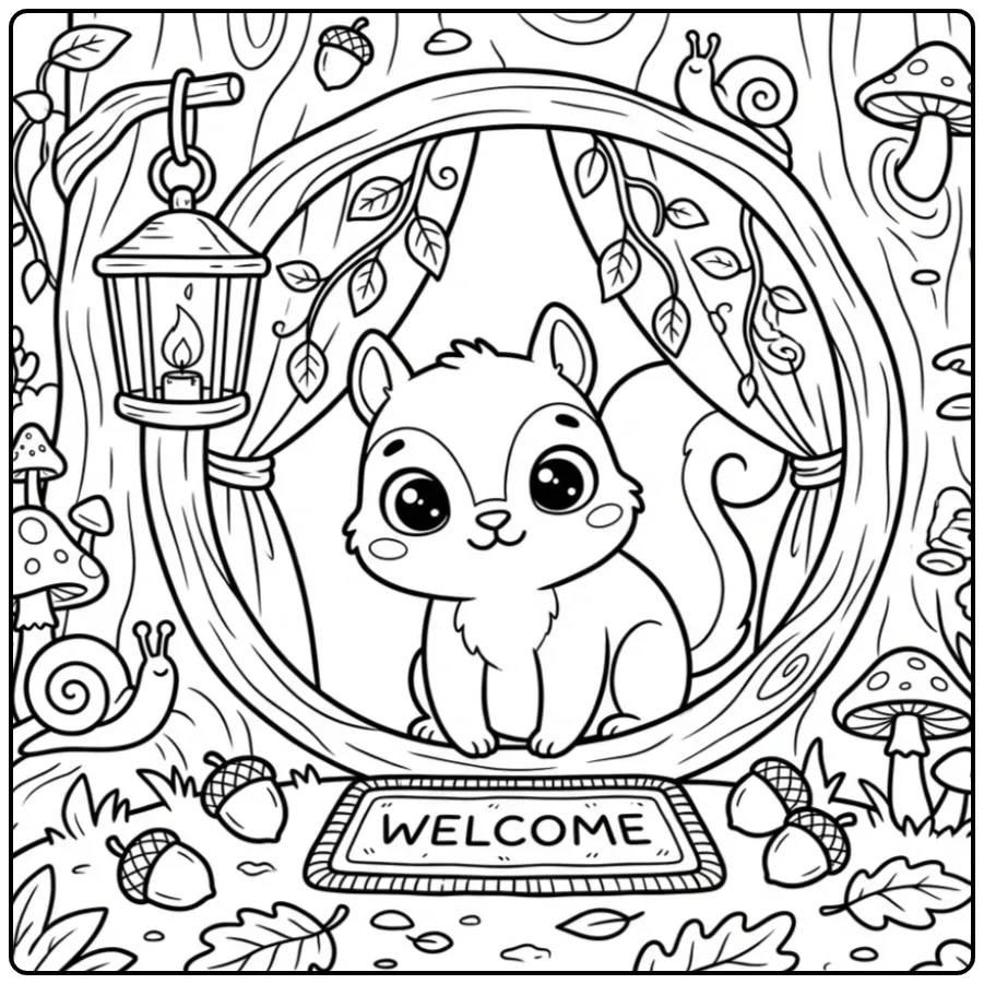 Little squirrel coloring page in a cozy tree hollow