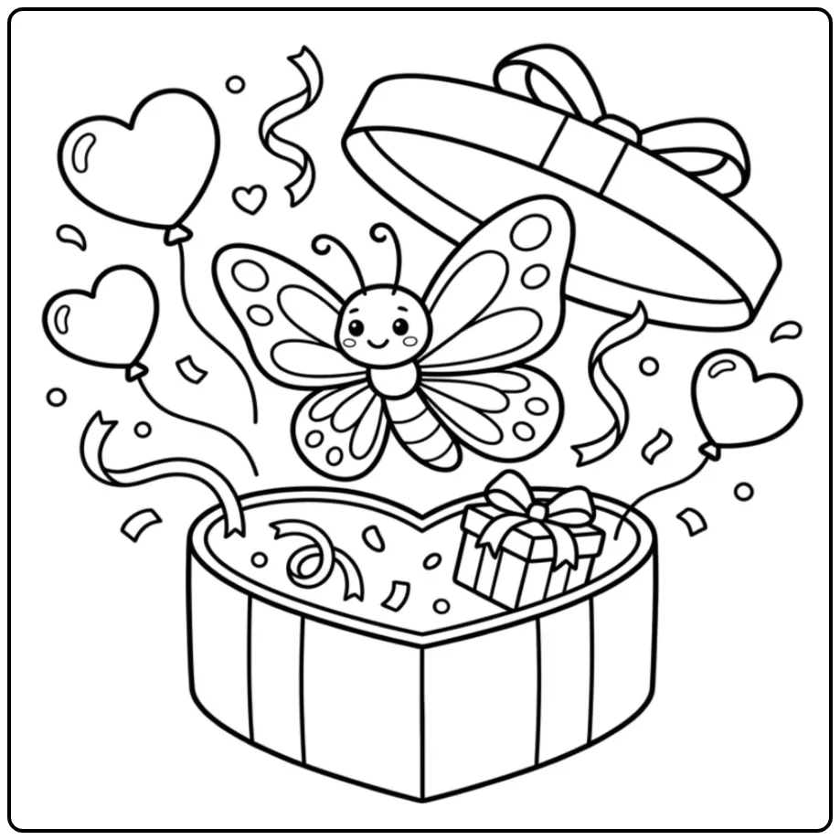Hearts and butterflies coloring page with a festive box