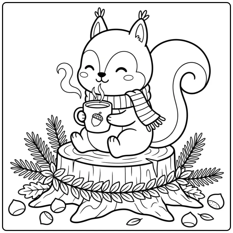 Autumn squirrel coloring page drinking warm cider