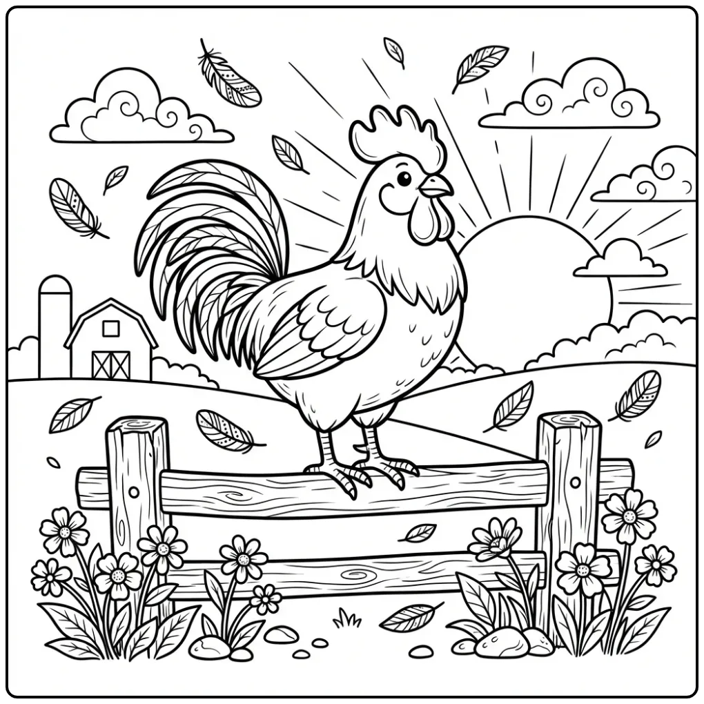 Rooster coloring page on a fence at sunrise