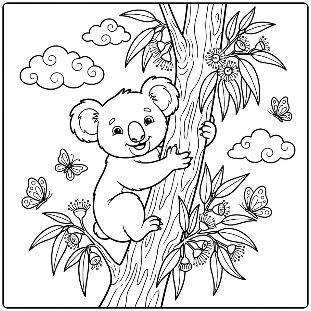 Koala bear coloring page in a eucalyptus tree