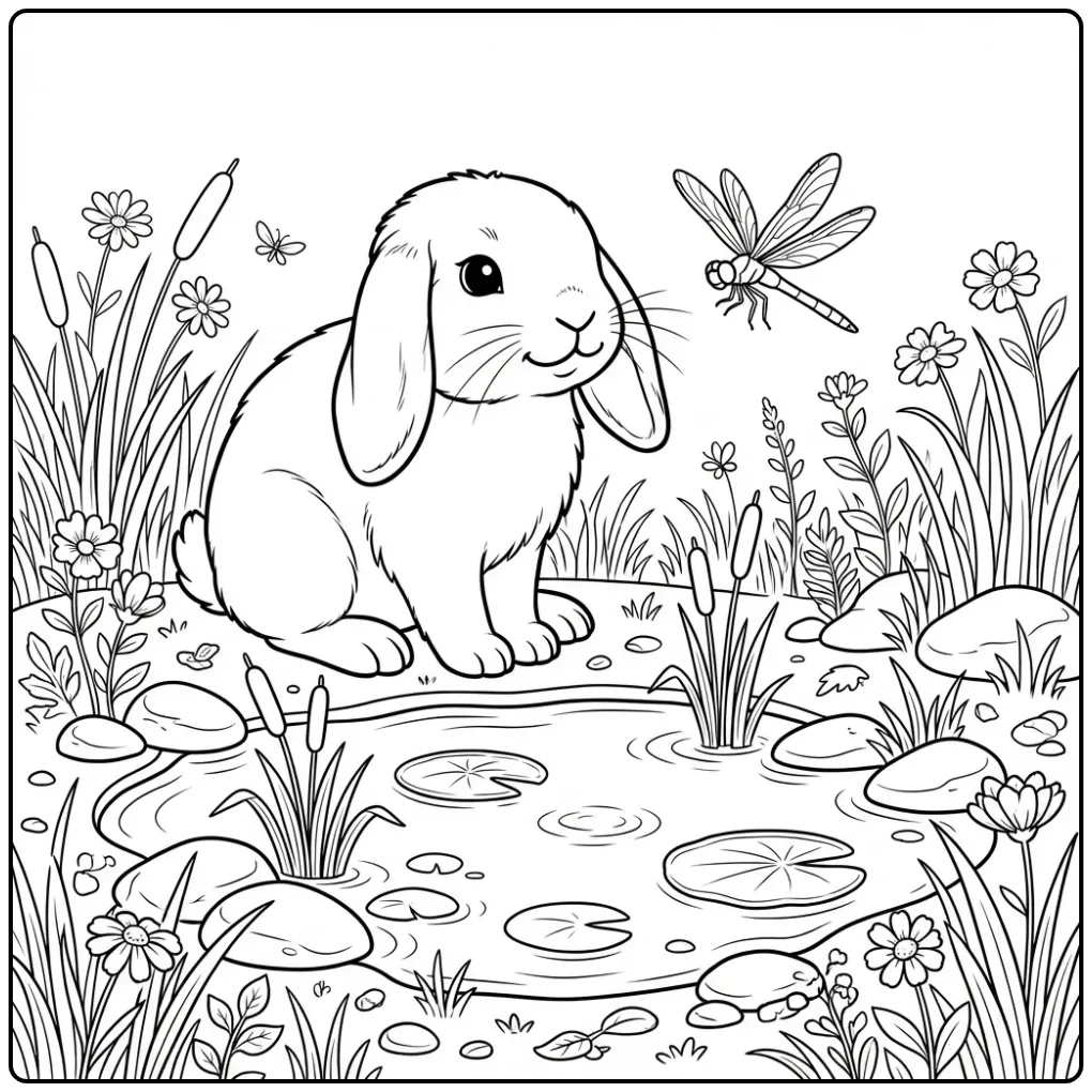 Lop-eared rabbit coloring page by a pond