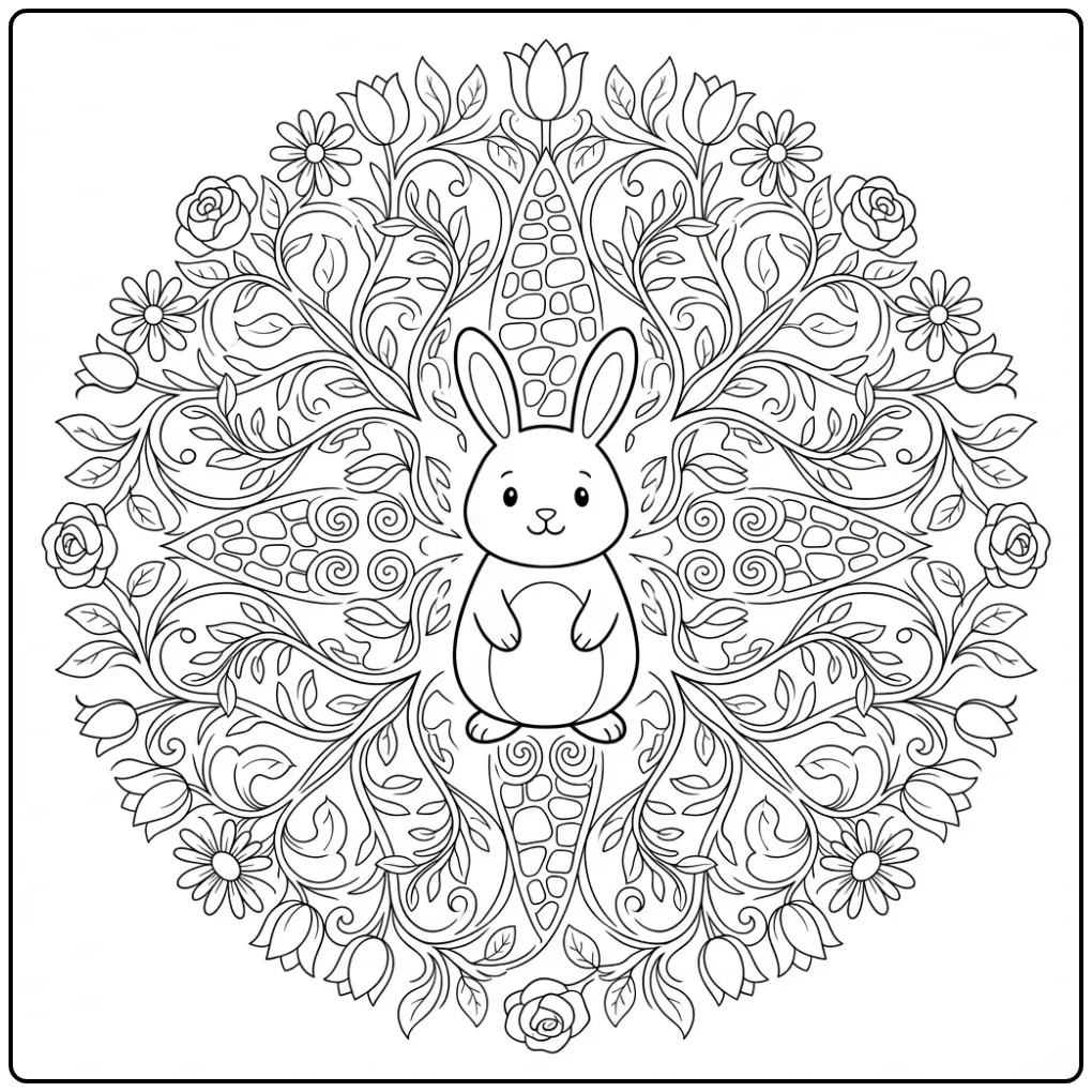 Rabbit mandala coloring page with flowers in the garden