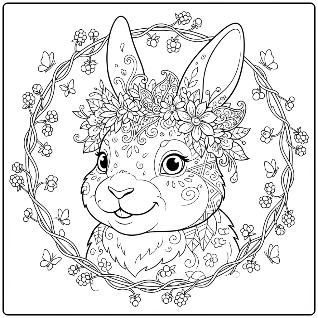 Difficult rabbit coloring page with a flower crown
