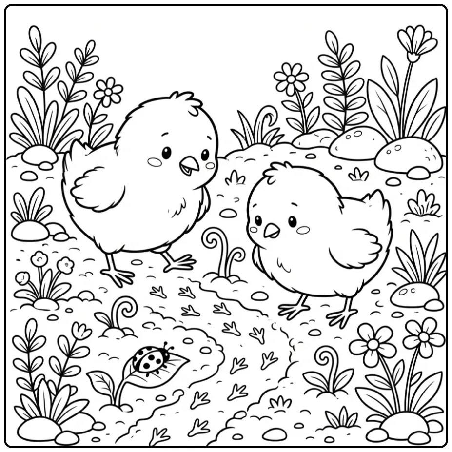 Little chicks coloring page following a trail of footprints