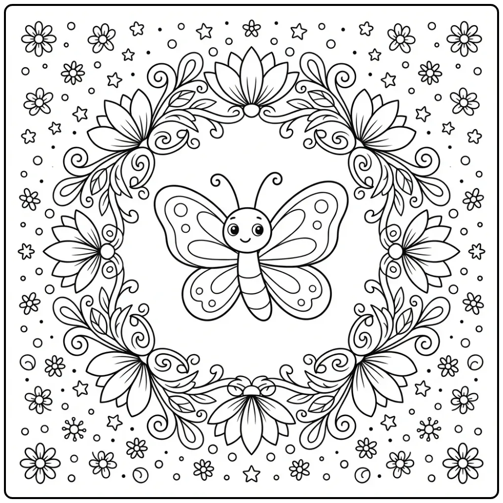 Mandala butterfly coloring page with stars