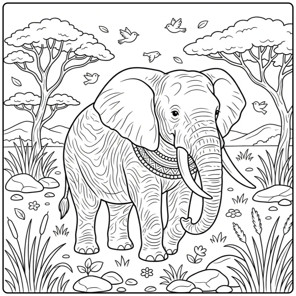 Difficult elephant coloring page in the savanna