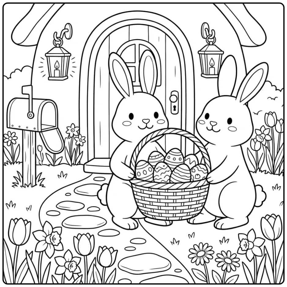 Easter Bunny with basket coloring page near a small house