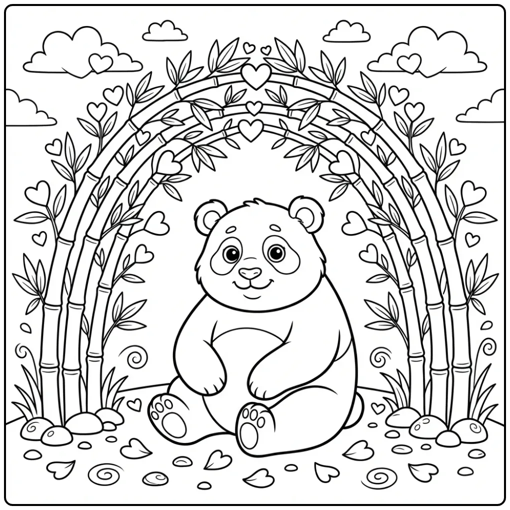 Panda with heart coloring page under a bamboo arch