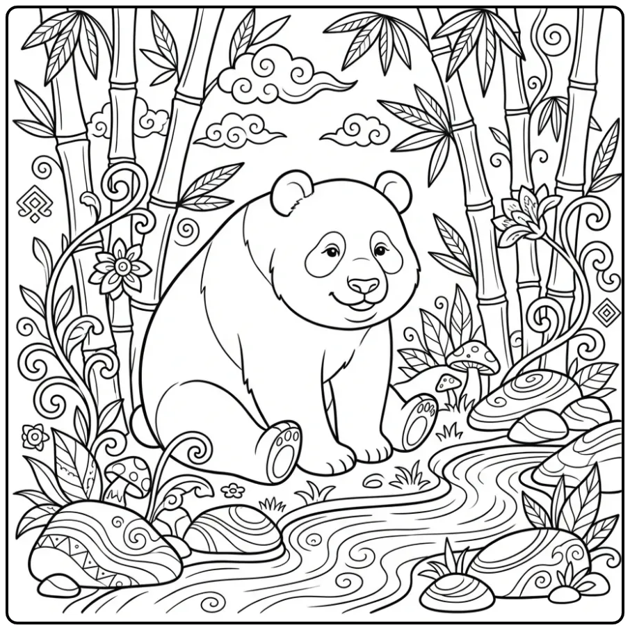 Adult panda coloring page with a heart and bamboo
