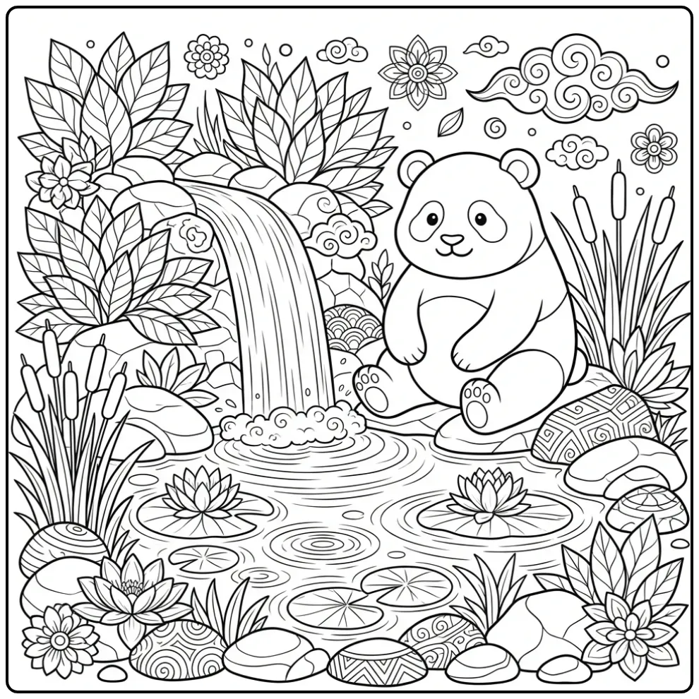 Adult panda coloring page with a heart by a waterfall