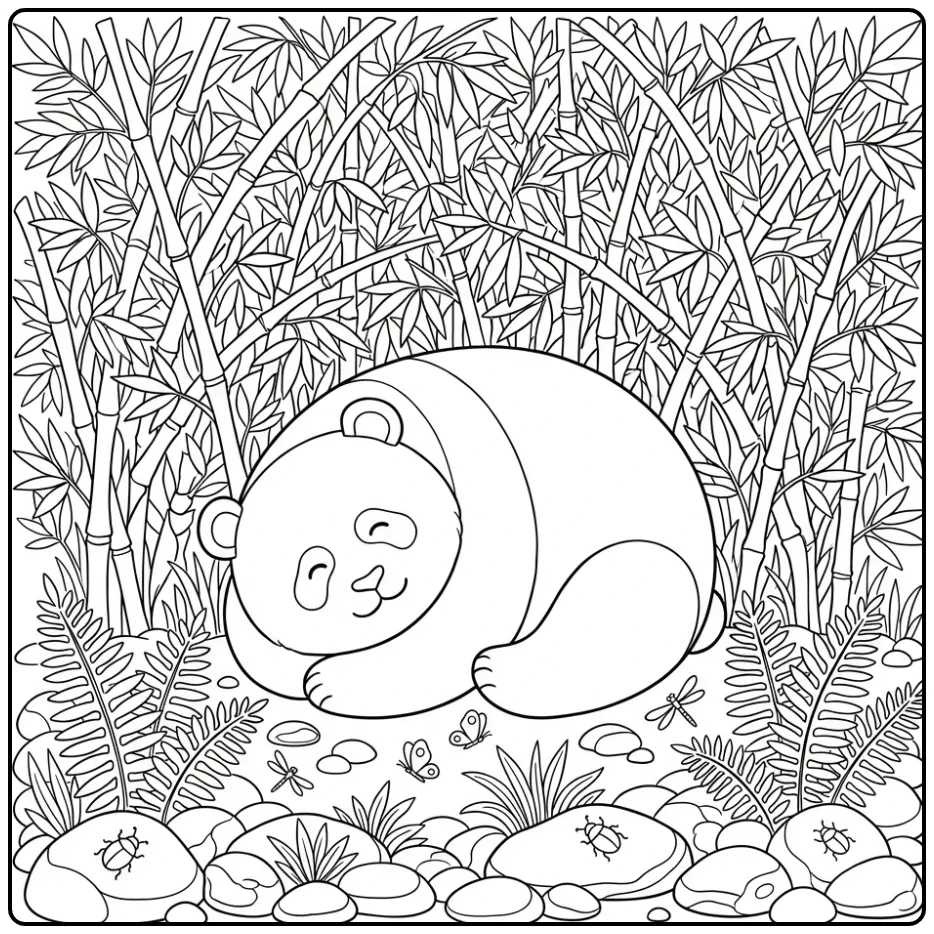 Adult panda coloring page with a heart in nature