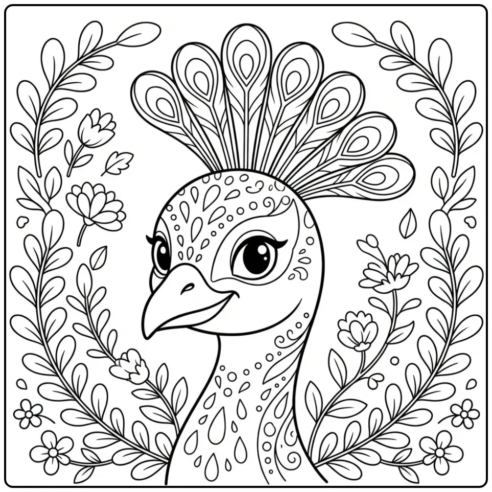 Peacock coloring page portrait with flowers