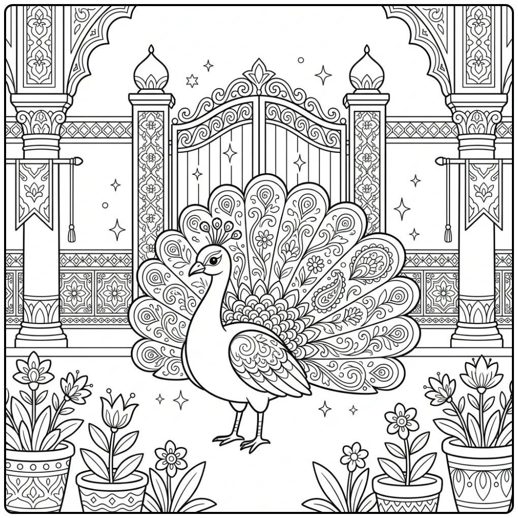 Difficult peacock coloring page before a palace gate