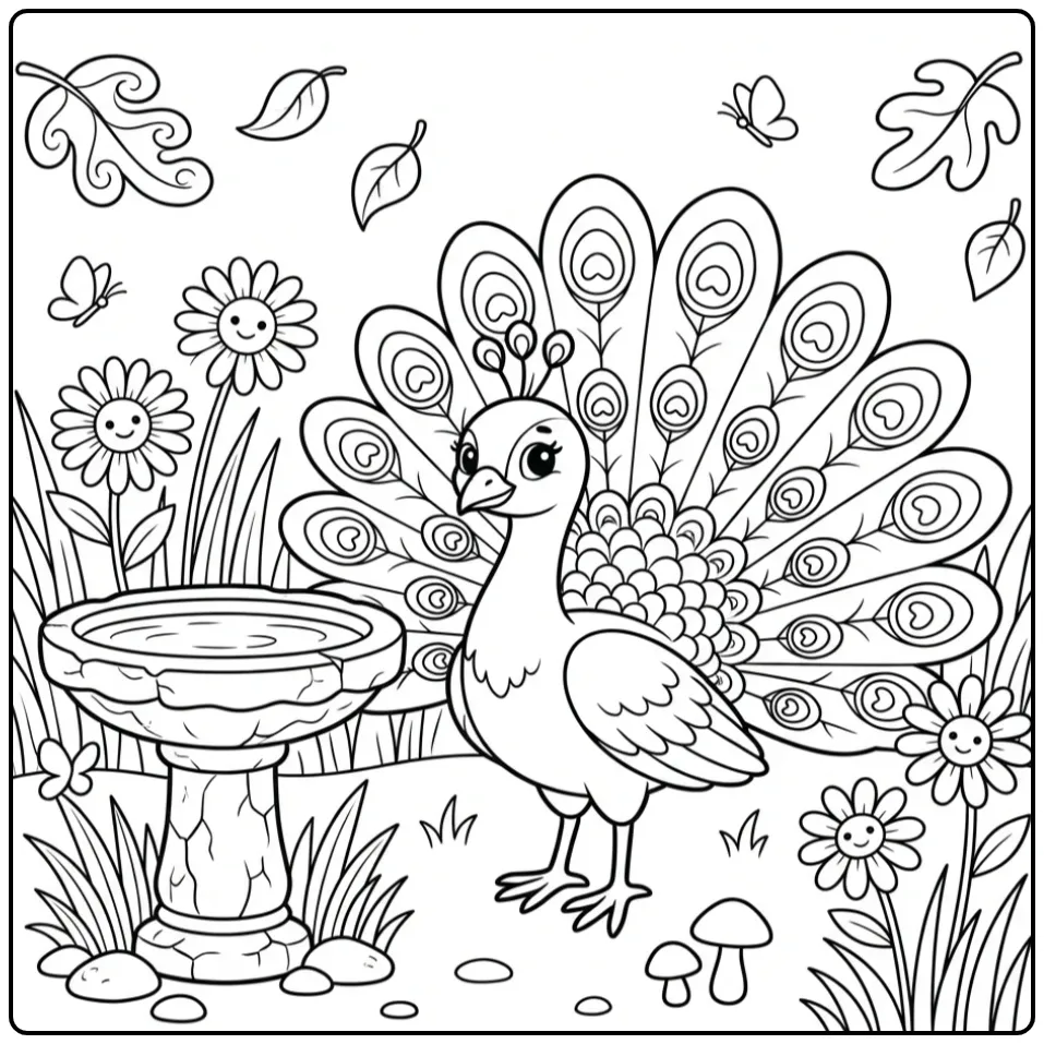 Peacock coloring page with an open tail by a birdbath