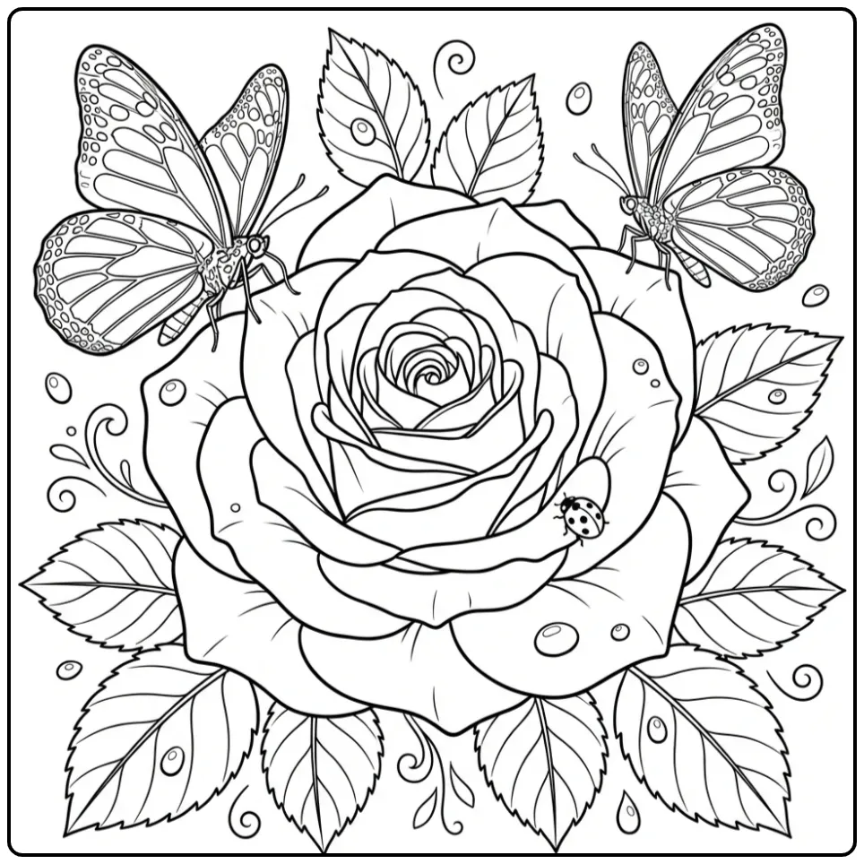 Rose and butterfly coloring page with a ladybug