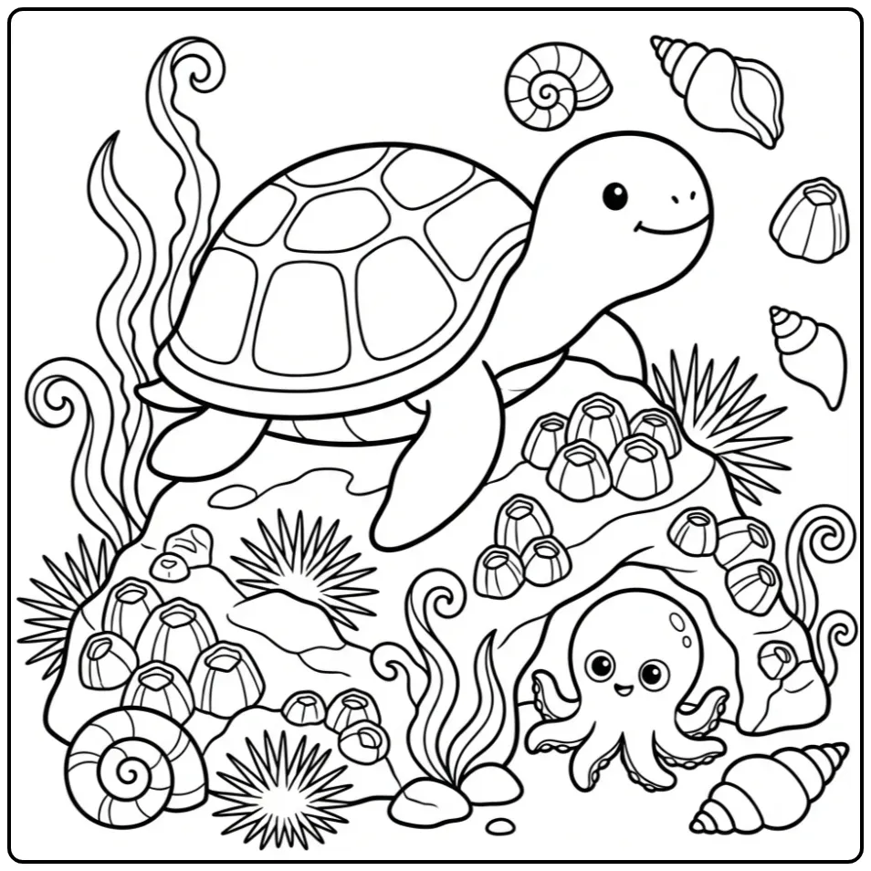 Detailed turtle coloring page resting on the sea floor