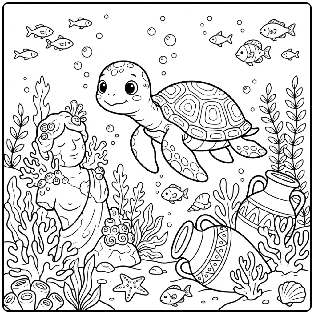 Detailed turtle coloring page on the ocean floor