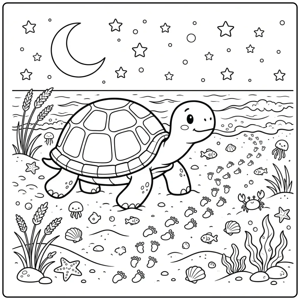 Turtle coloring page on a beach under the moon and stars