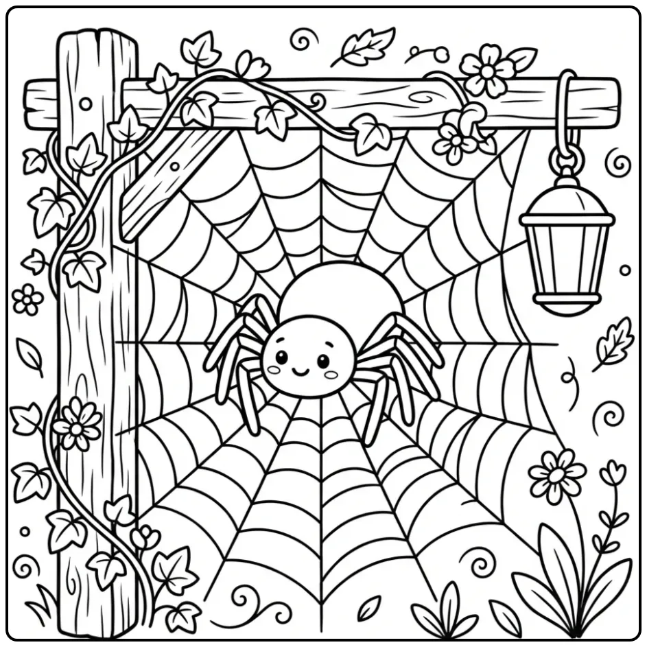 Spider web with spider coloring page on a wooden fence