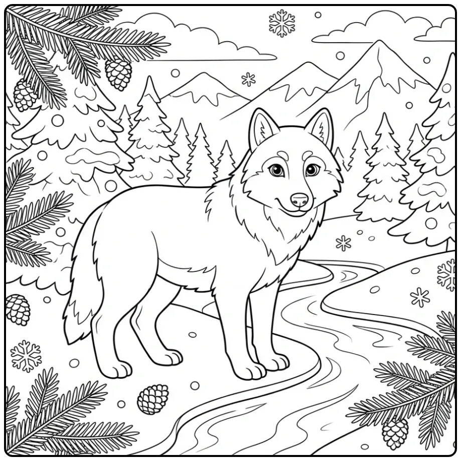 Wolf coloring page featuring a wolf by a frozen brook