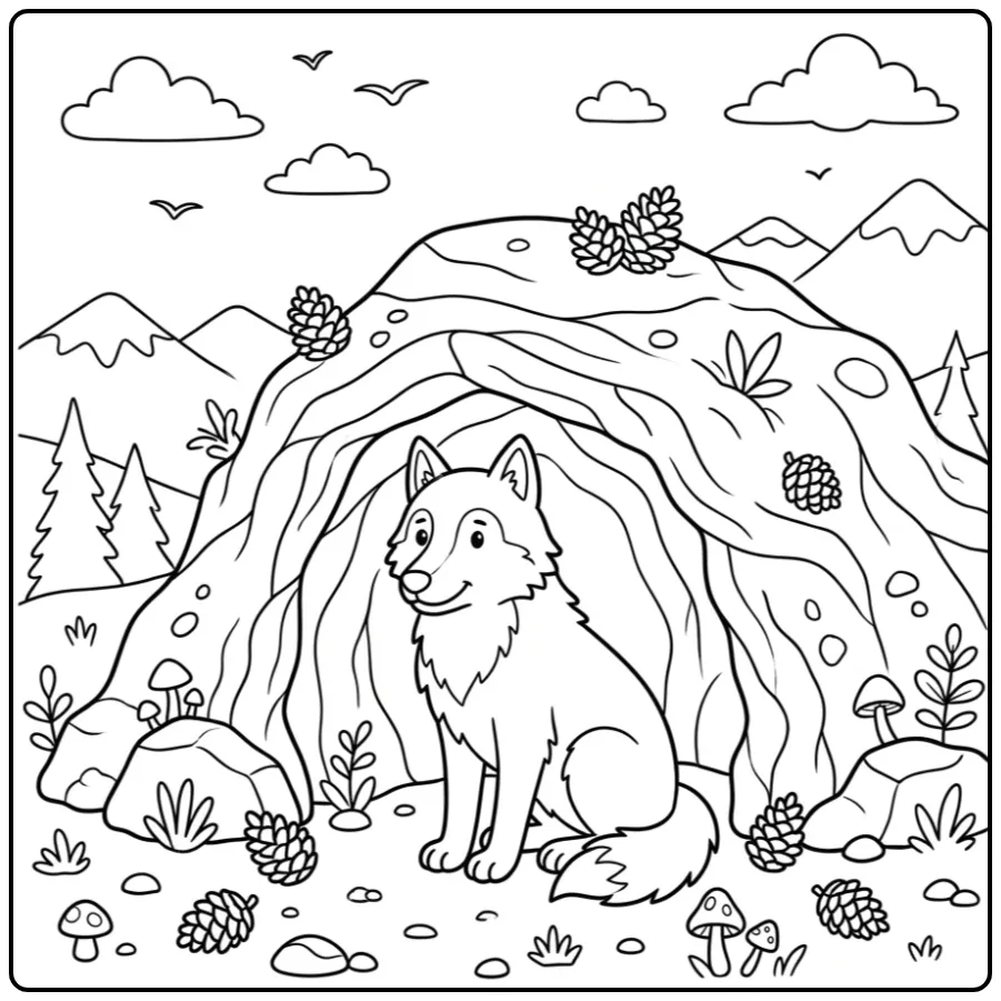 Wolf coloring page featuring a wolf in a meadow