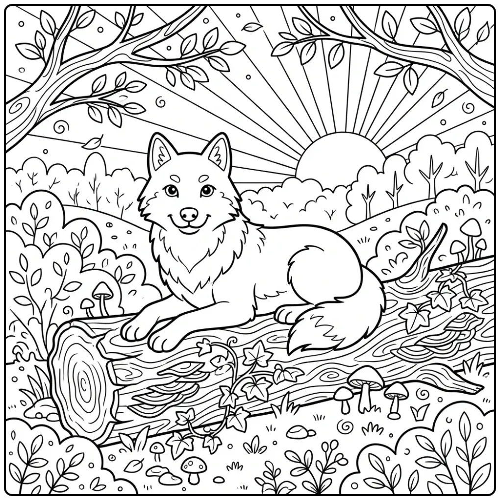 Wolf coloring page featuring a wolf on a log