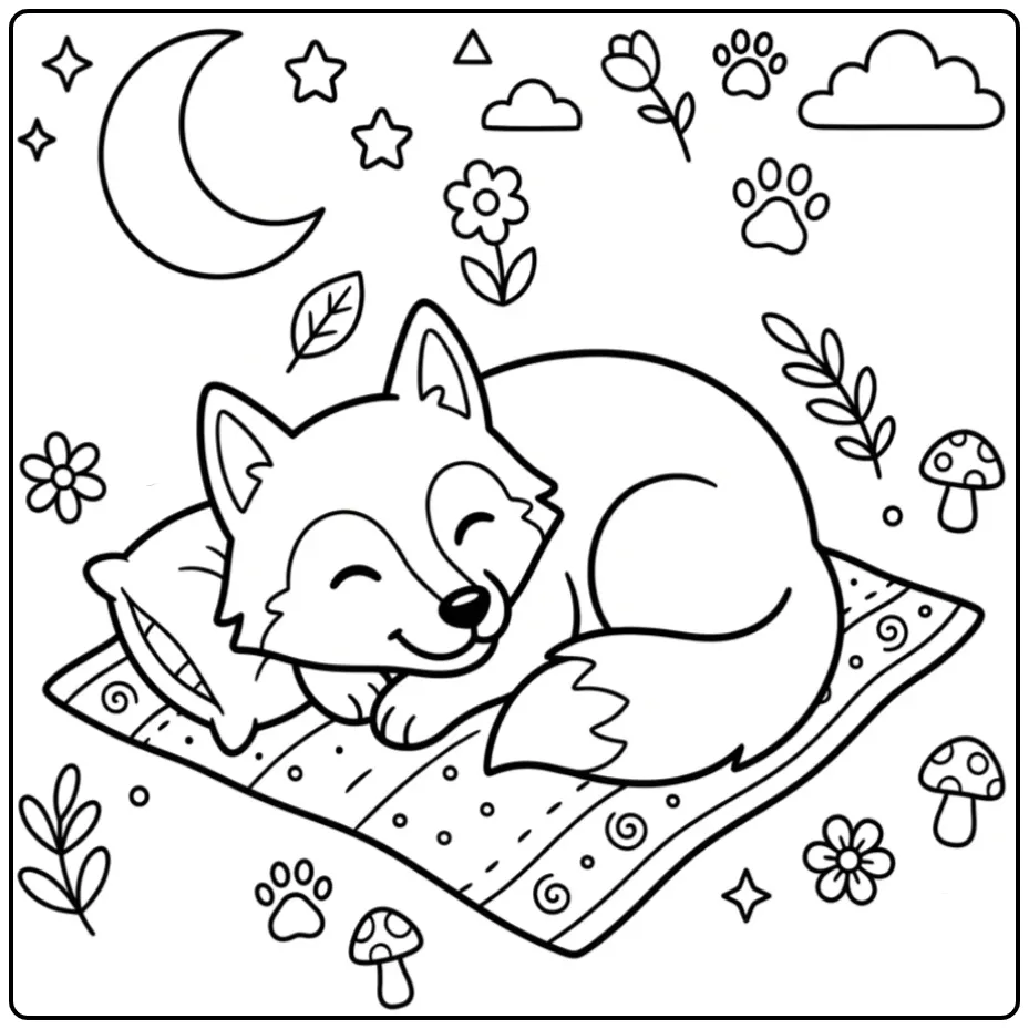 Easy wolf coloring page showing a sleeping wolf