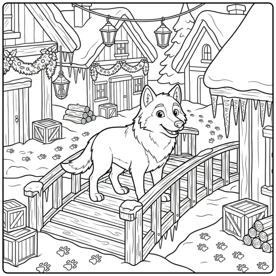 Hard wolf coloring page showing a wolf on a bridge
