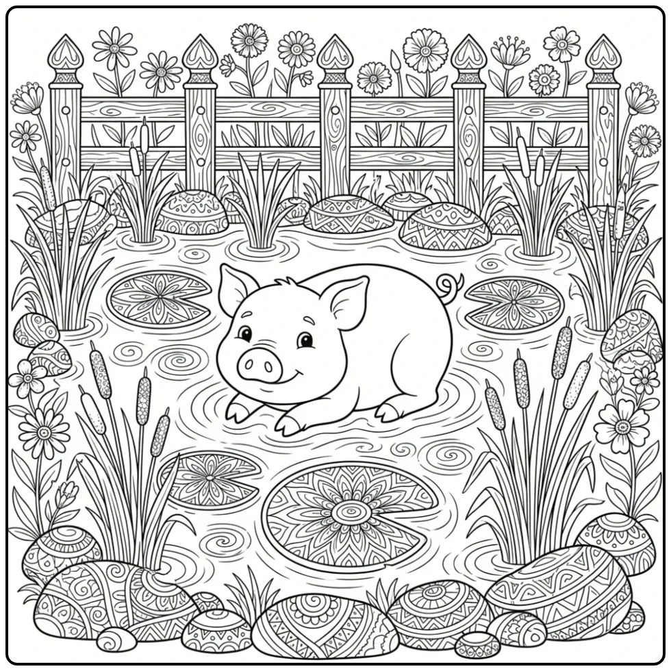 Adult pig coloring page by a pond with water lilies