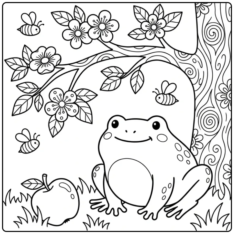 Detailed toad coloring page with an apple and bees