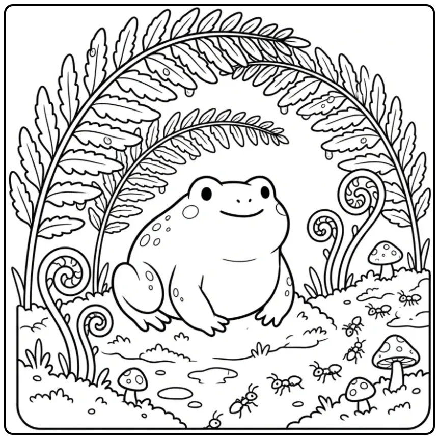 Realistic toad coloring page with ferns mushrooms and ants