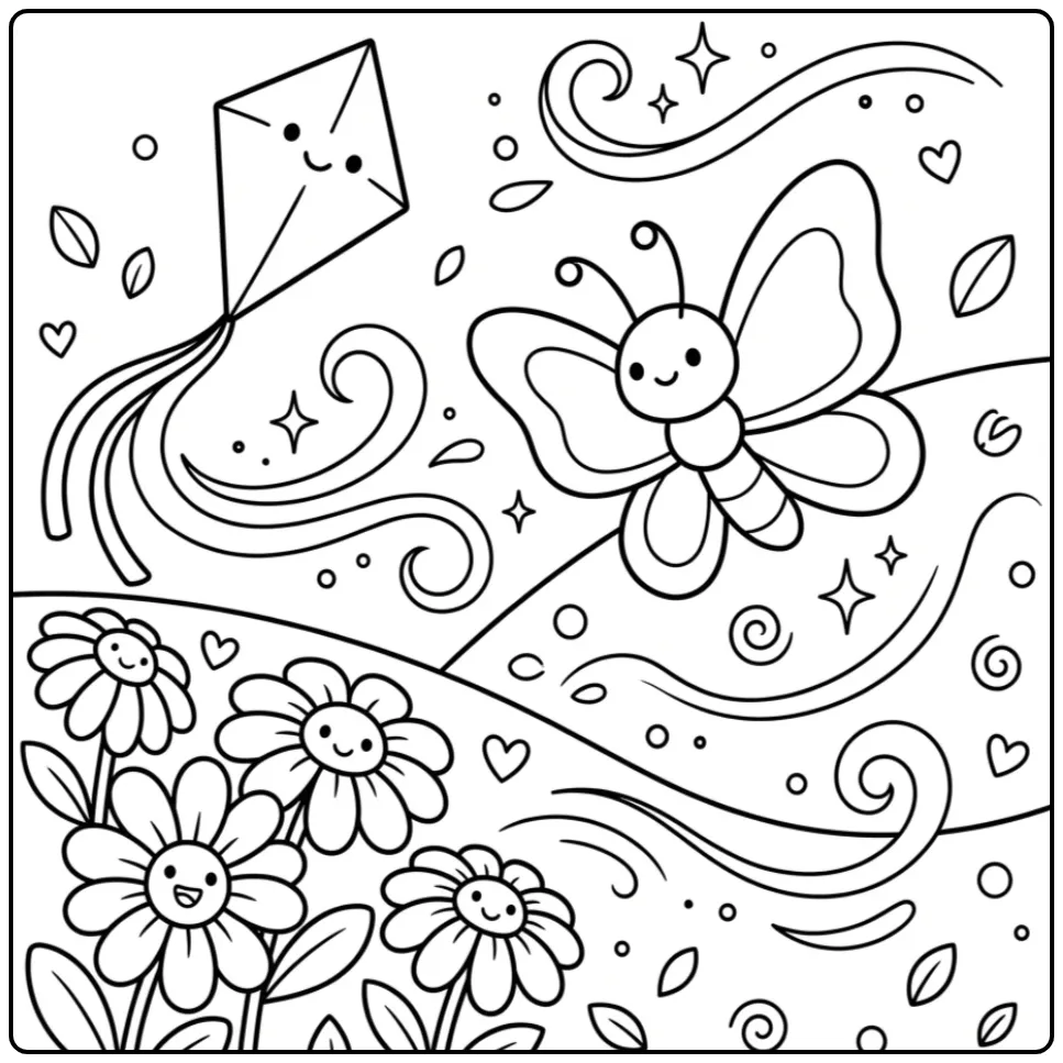 Easy adult butterfly coloring page with a kite