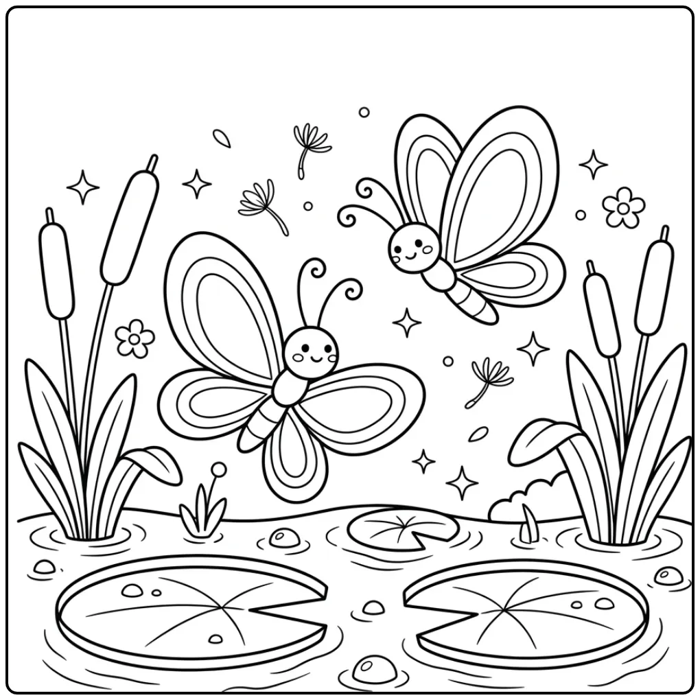 Easy adult butterfly coloring page with two butterflies by a pond