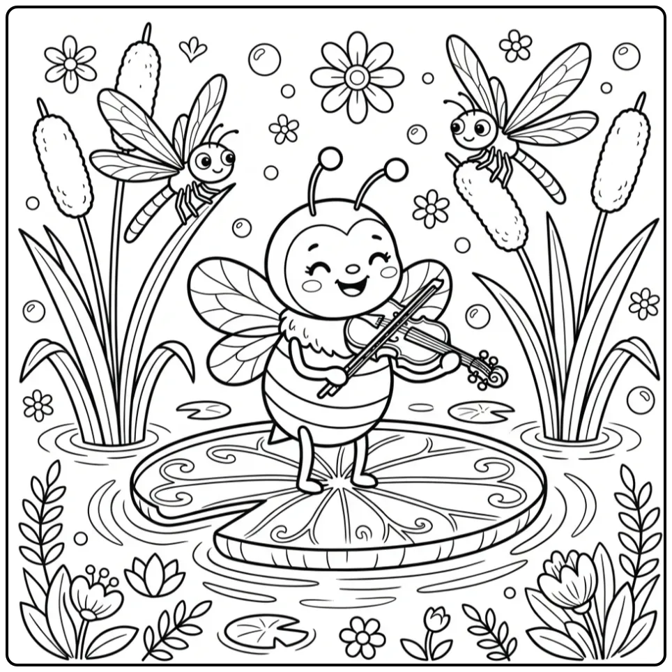 Happy bee coloring page with a violin-playing bee