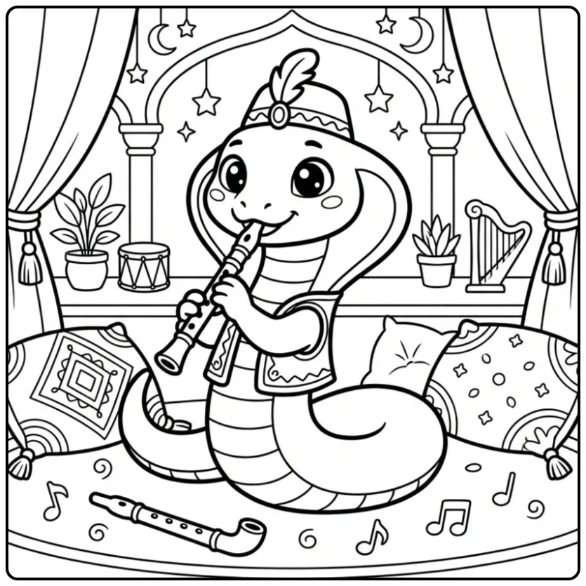 Cobra coloring page with flute and music notes