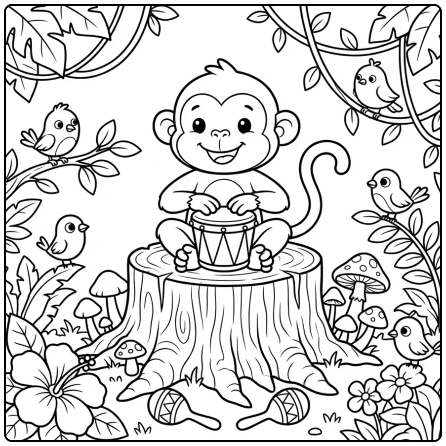 Monkey coloring page playing a drum on a stump