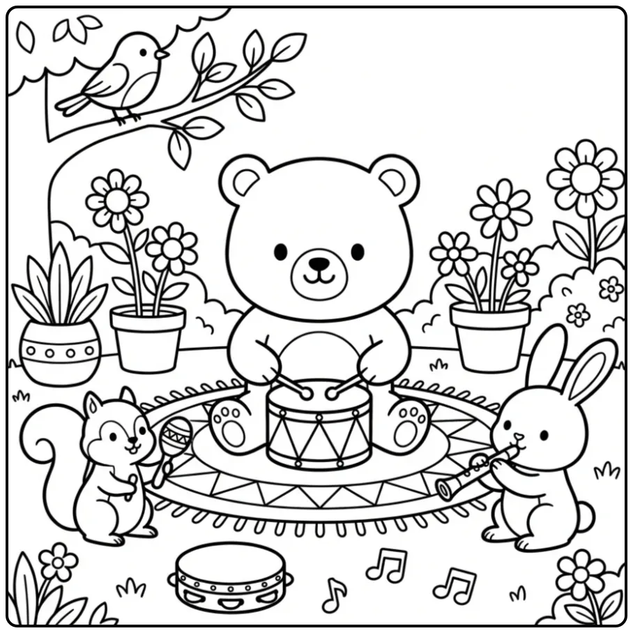 Teddy bear coloring page playing a drum in the garden