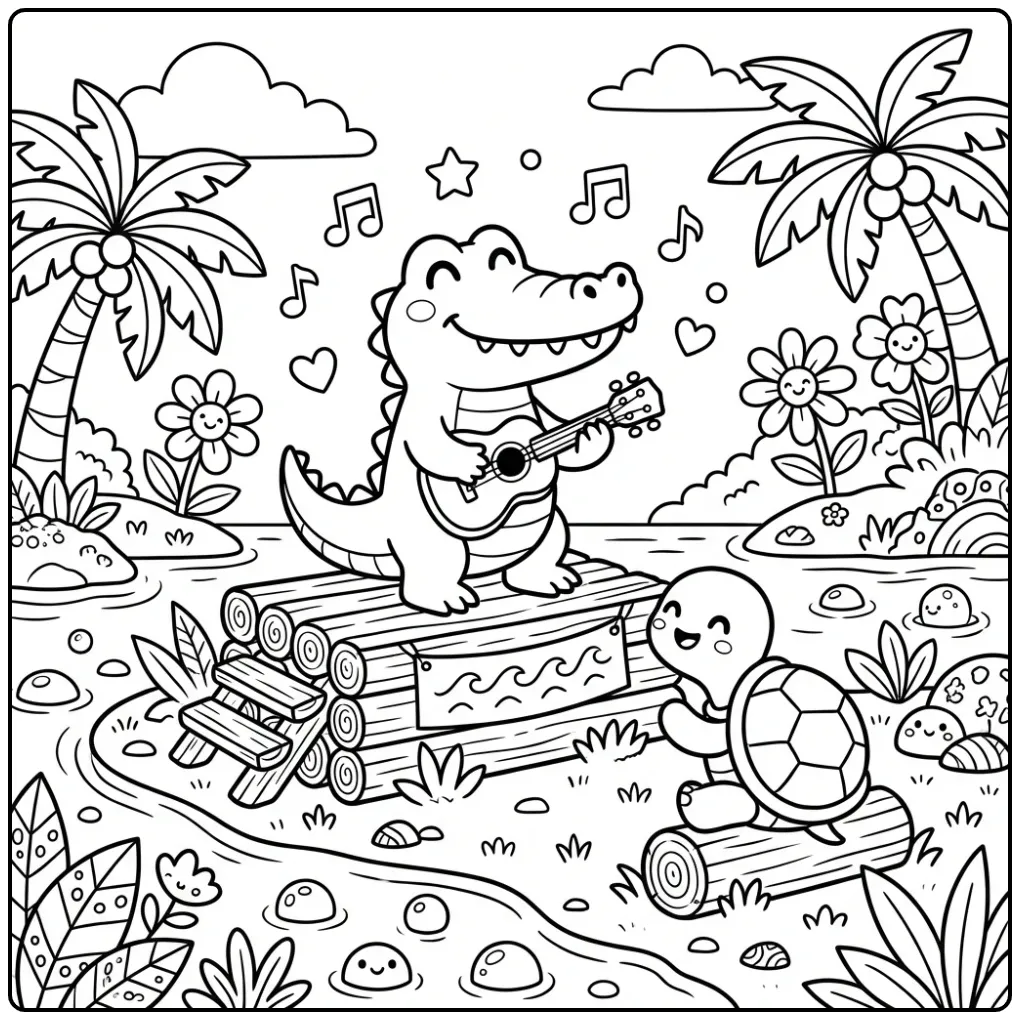 Crocodile coloring page featuring a crocodile giving a concert