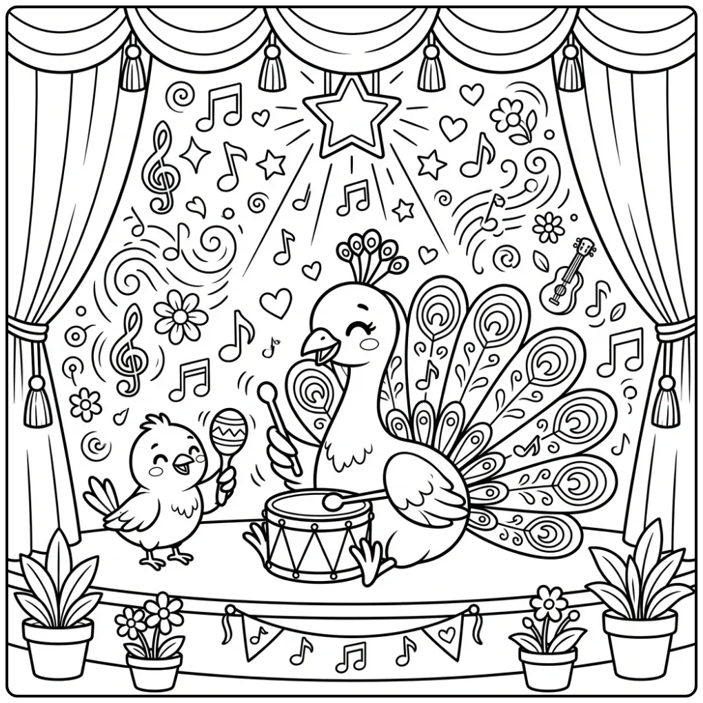 Peacock coloring page playing a drum with a bird