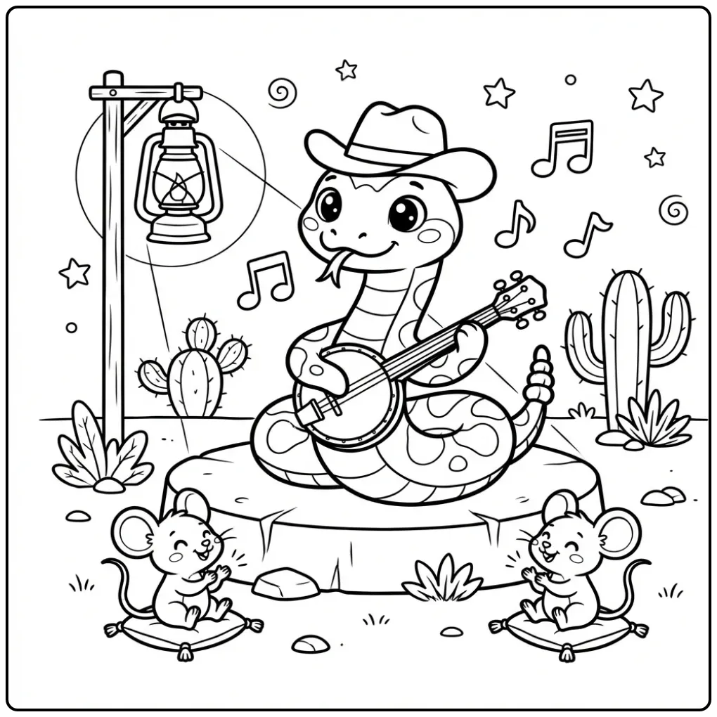 Rattlesnake coloring page playing banjo in the desert