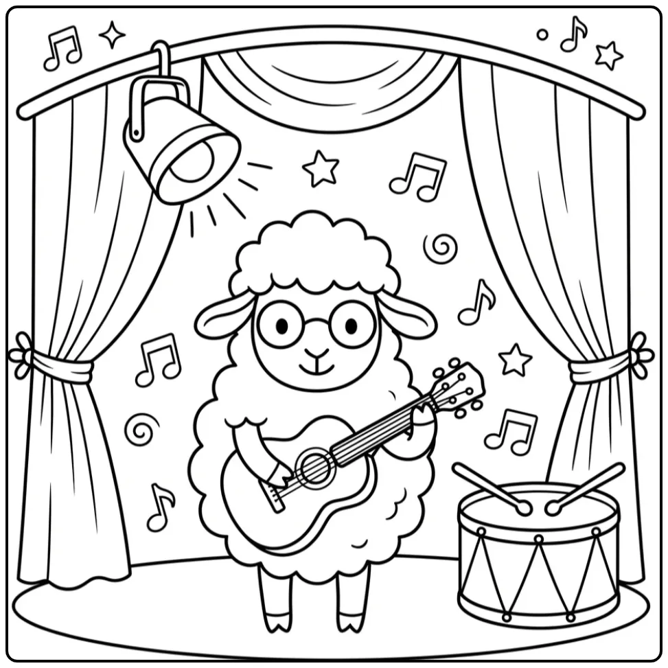 Sheep coloring page playing guitar on a stage